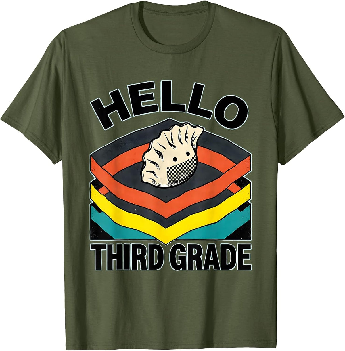 Hello, Third Grade Cute Dumpling Girl Back to School Teacher T-Shirt - Olive Green