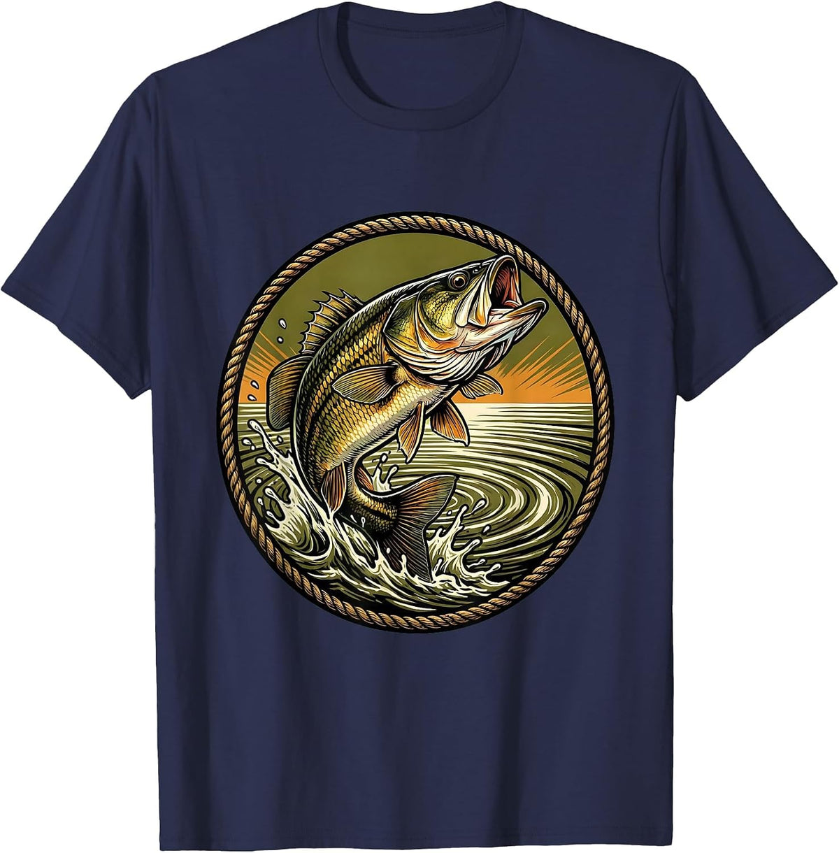 Largemouth Bass Leaping From Water Fishing Design T-Shirt - Navy Blue