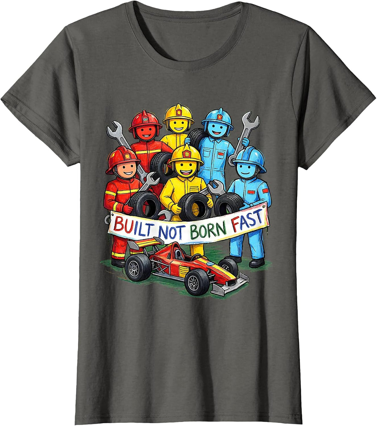 Women's Built Not Born Fast Pit Crew Racing Design T-Shirt - Asphalt Grey