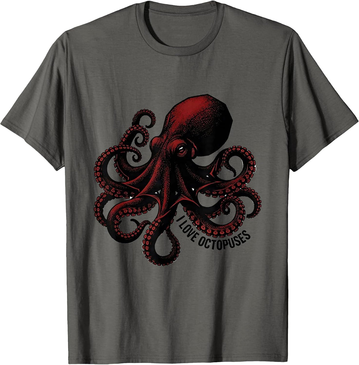 I Love Octopuses Blackwork Dotwork Ocean Wildlife Animal T-Shirt - Asphalt Grey