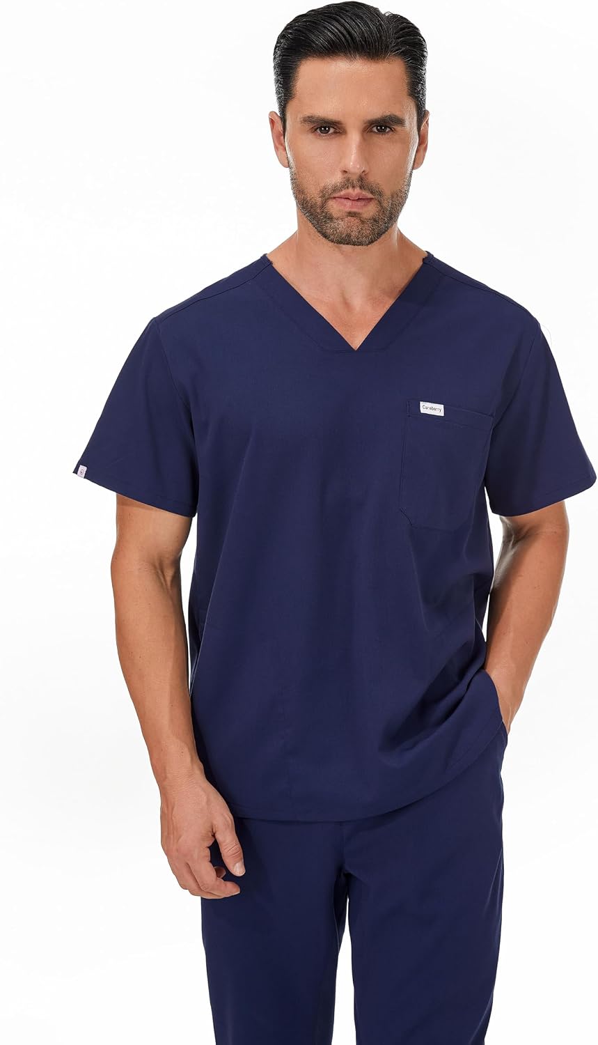 Premium Men's V-Neck Short Sleeve Scrub Top - Navy