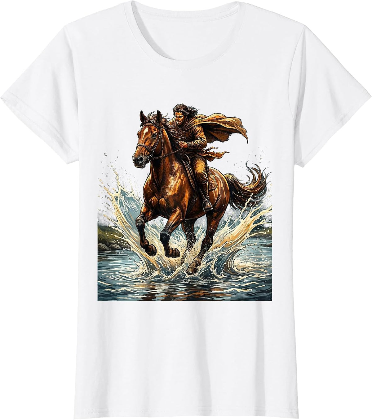 Horse and Rider River Crossing Illustration T-Shirt - White
