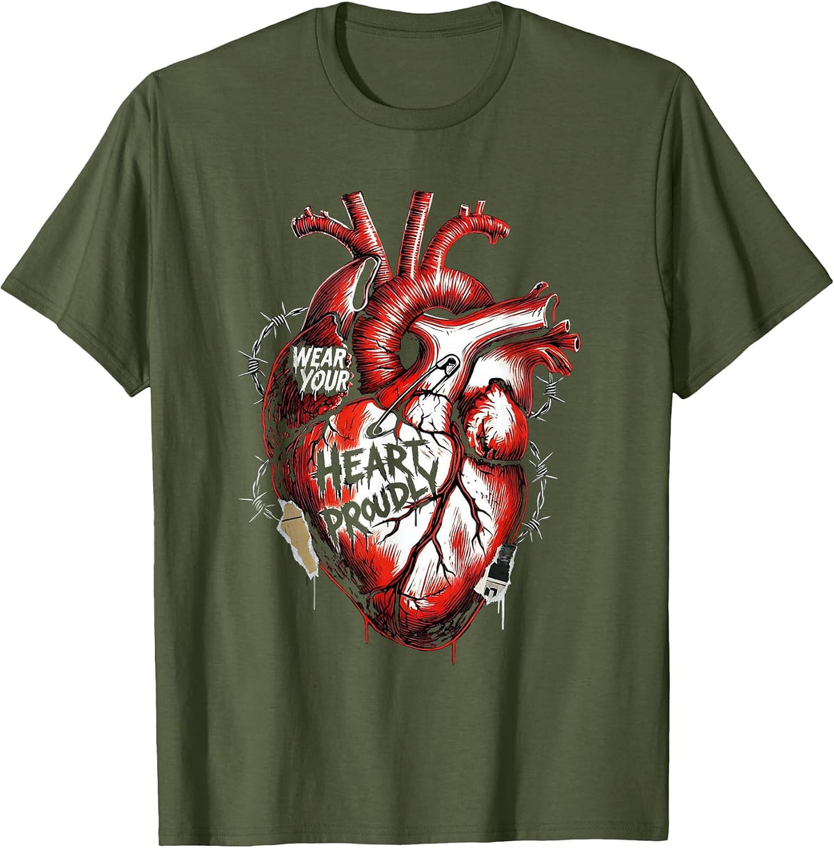 Wear Your Heart Proudly Bold Heart Design T-Shirt - Olive Green
