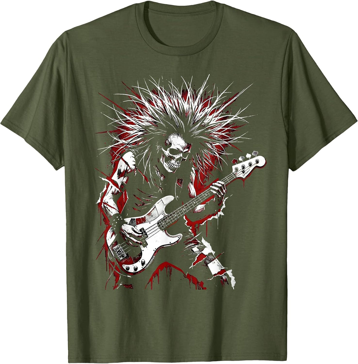 Bassist Headbang Rock Music Graphic Design T-Shirt - Olive Green