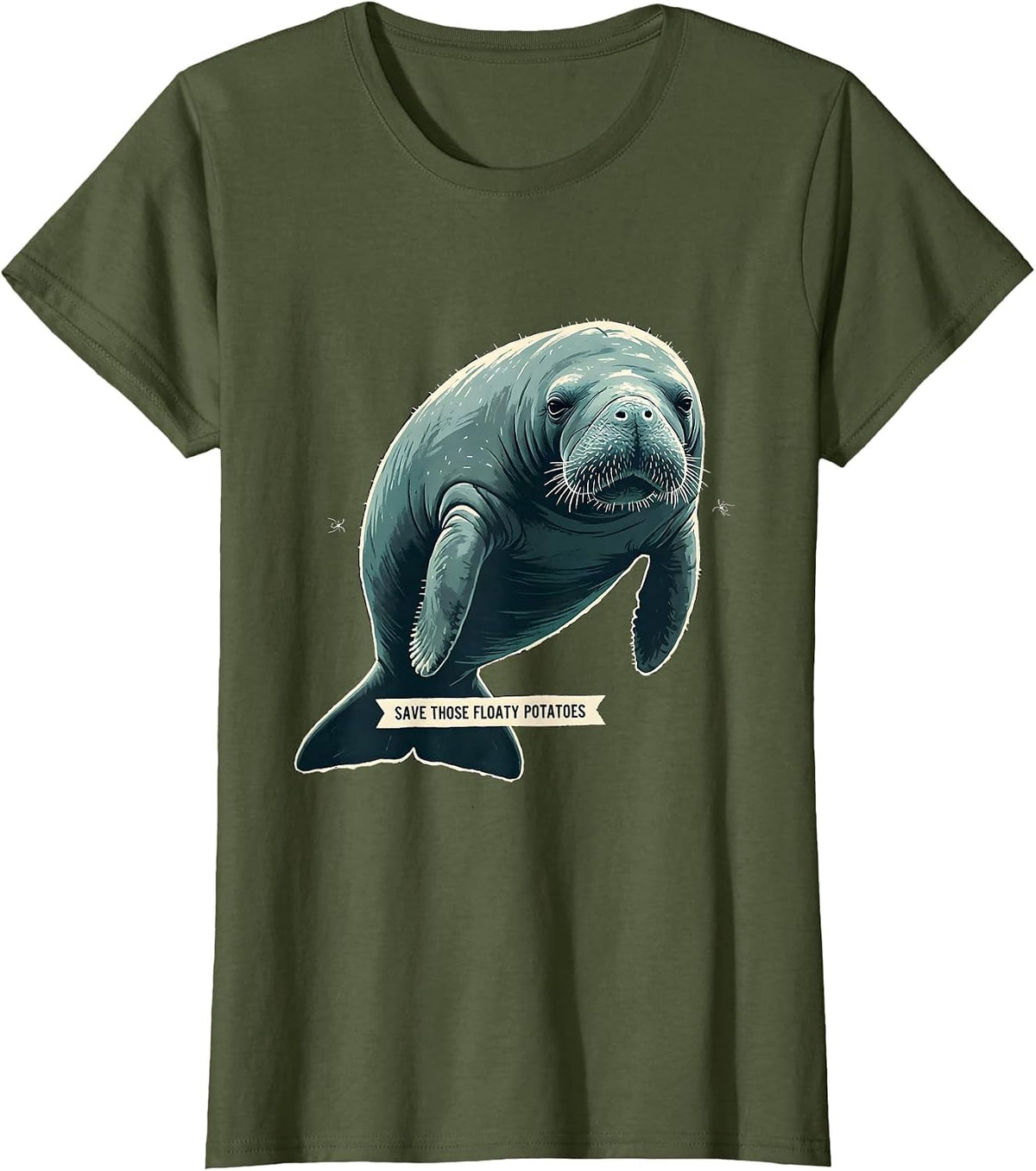 Women's Save Those Floaty Potatoes Funny Manatee Sea Animal Lover T-Shirt - Olive Green