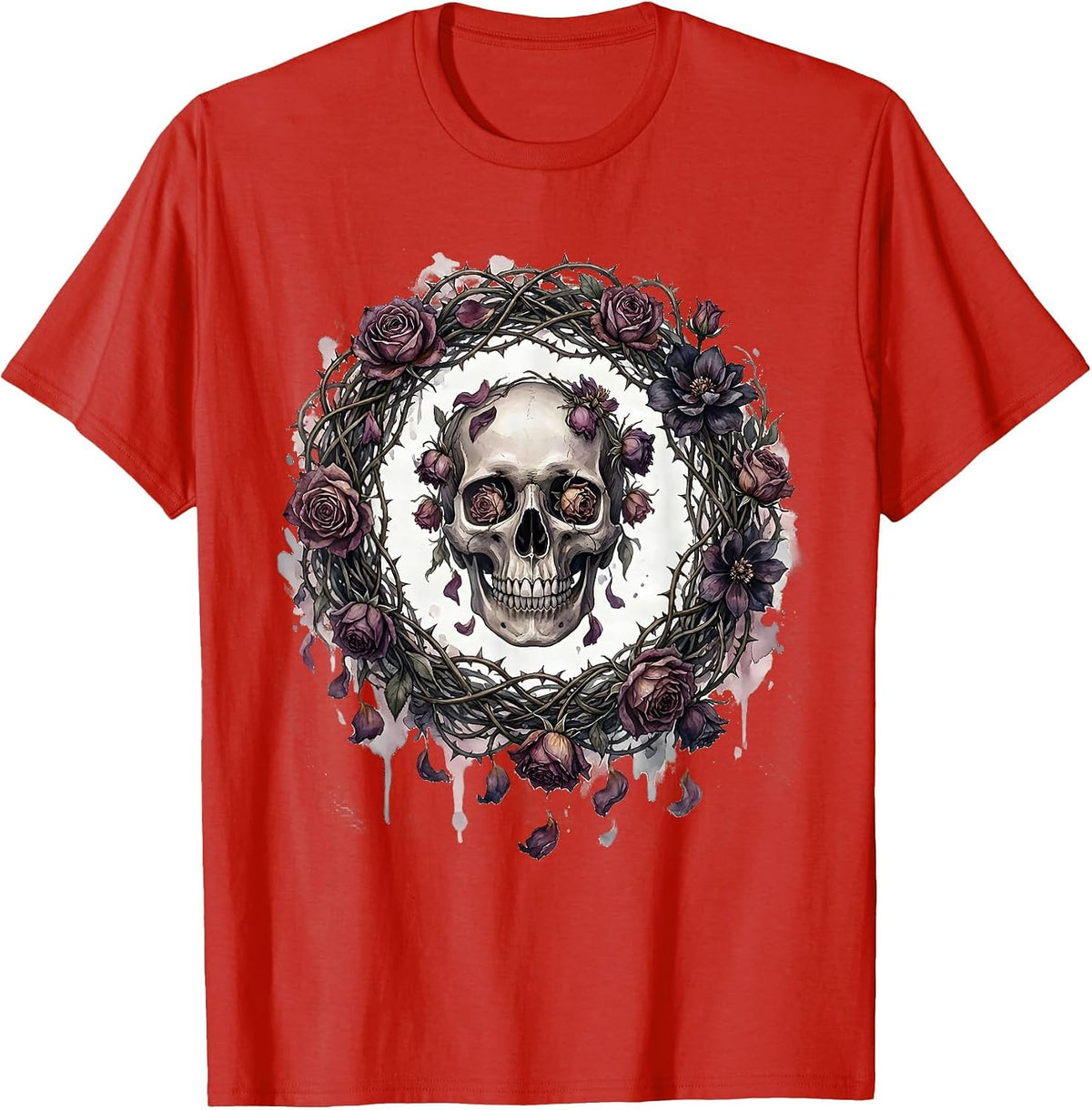 Men's Skull Wilting Black Flowers Dark Floral Crown T-Shirt - Red