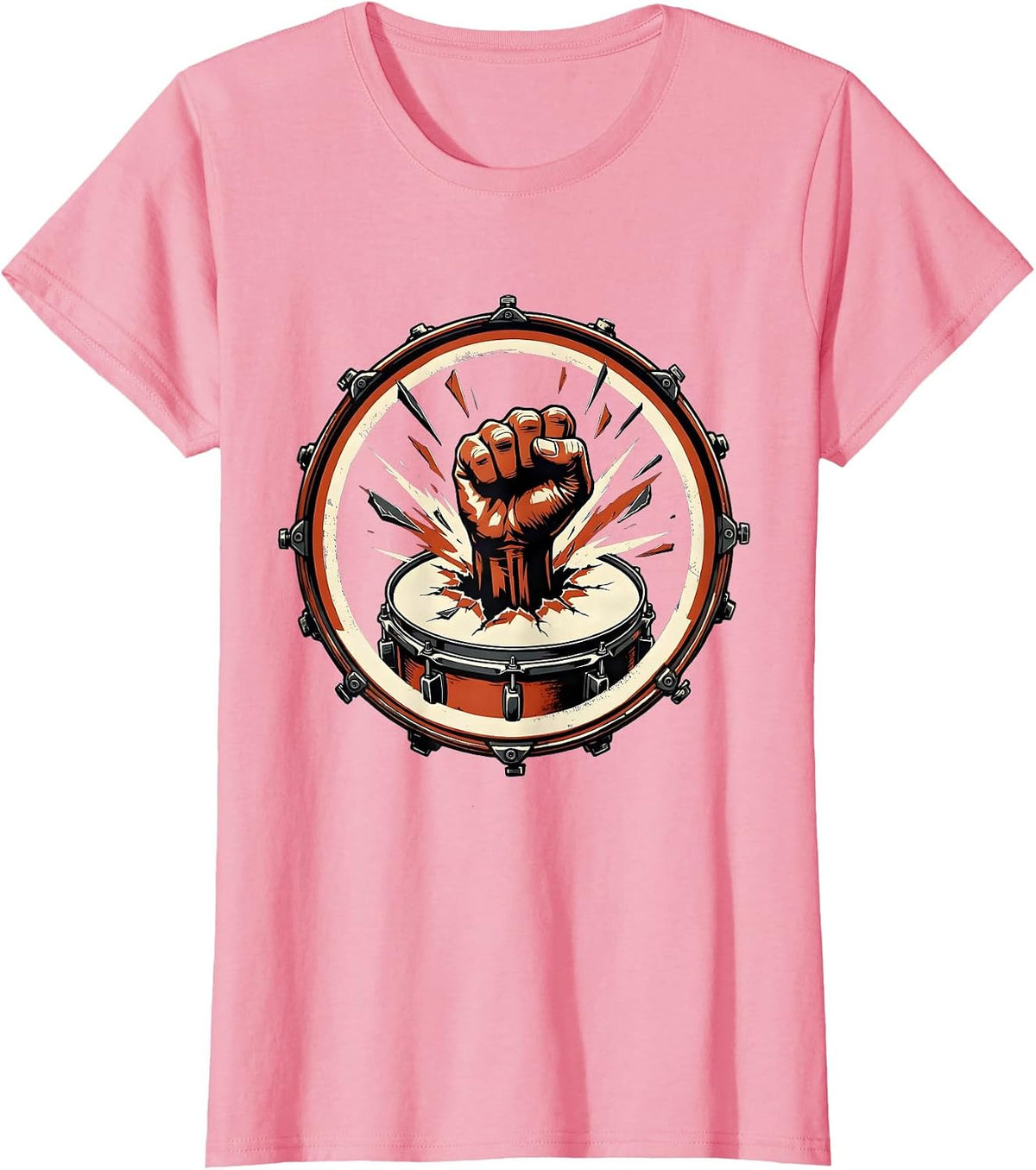 Women's Fist Through Bass Drum Rock Music Graphic T-Shirt - Pink