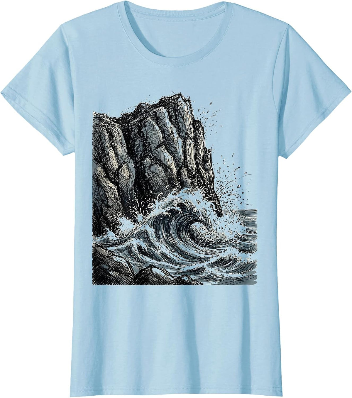 It Is What It Is Wave Crashing Rock Cliff Graphic T-Shirt - Baby Blue