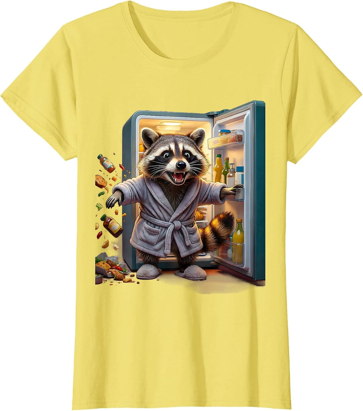 Raccoon Midnight Fridge Raid Funny Illustration T-Shirt - Lemon Yellow