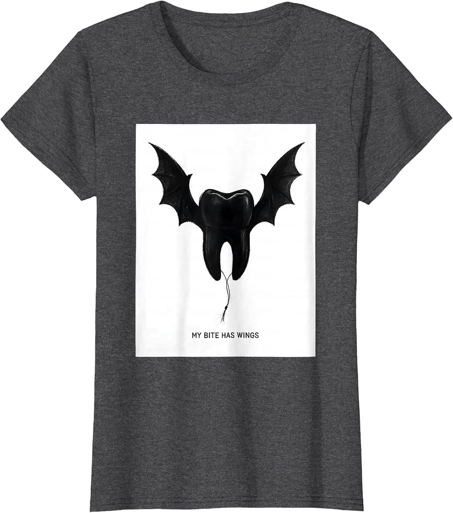 Women's My Bite Has Wings Minimalist Halloween Dentist Dental Pun T-Shirt - Dark Heather Grey