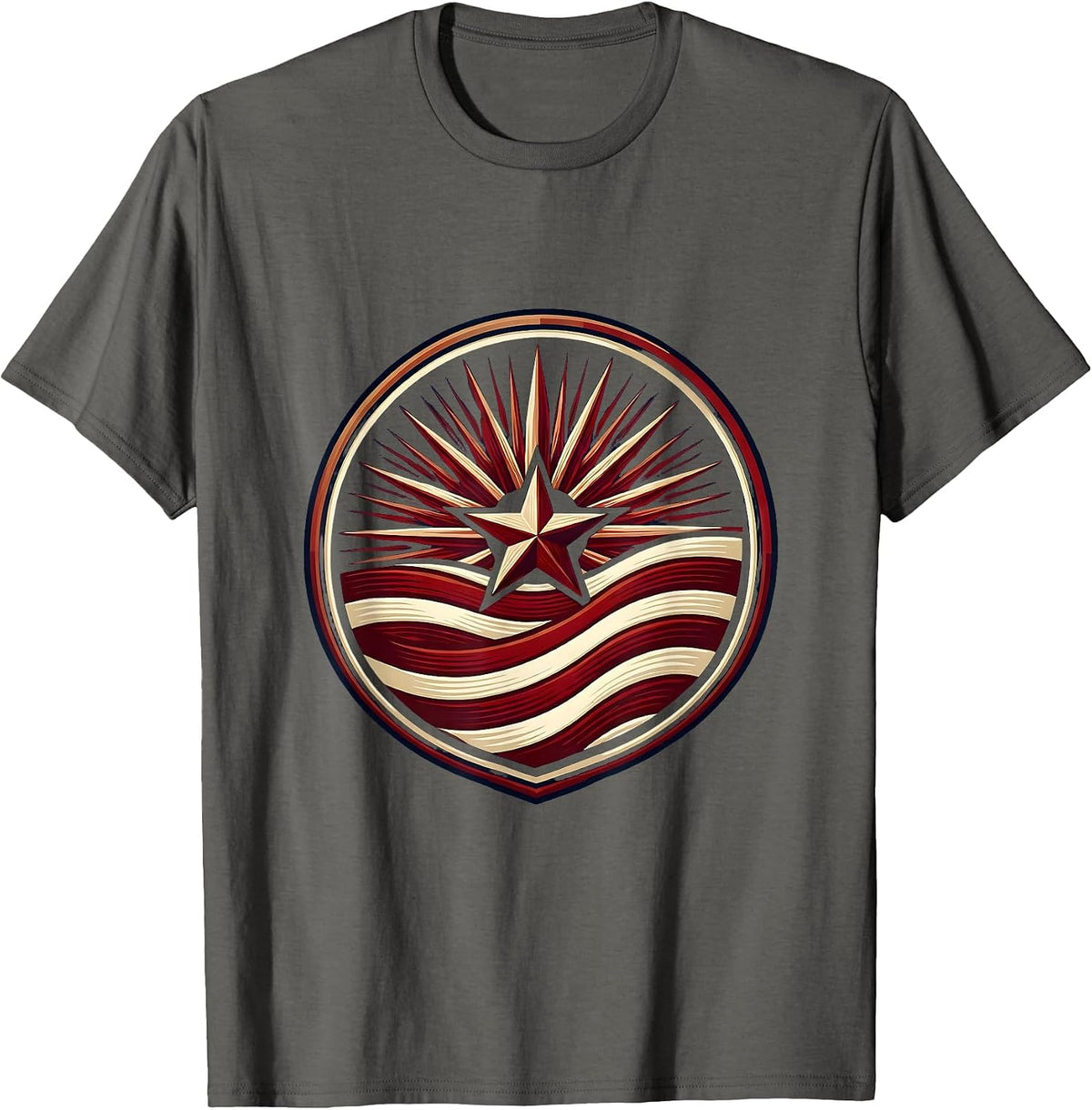 Men's Red White and Blue Sunburst Waving Flag Stripes T-Shirt - Asphalt Grey