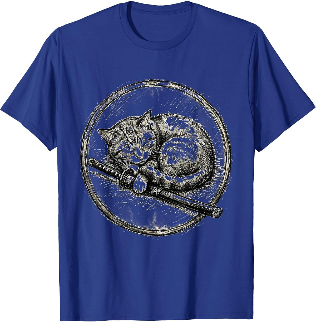 Sleeping Cat with Sword Chill Warrior Graphic T-Shirt - Royal Blue
