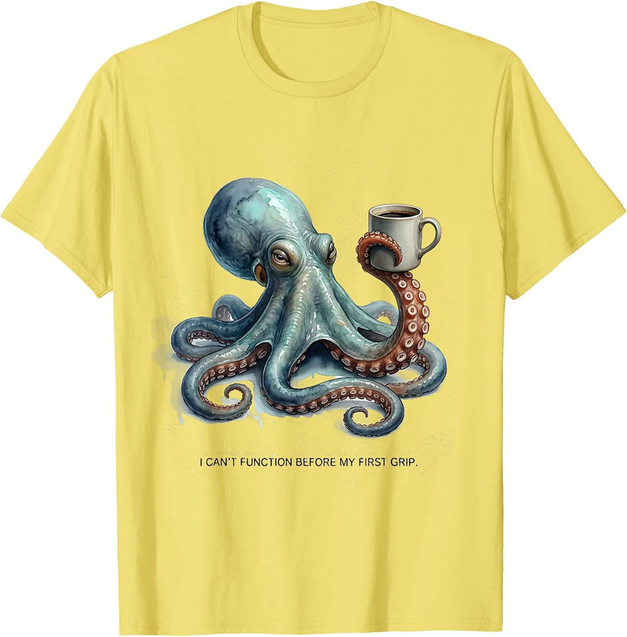 Men's I Can't Function Before My First Grip Funny Octopus Lover T-Shirt - Lemon Yellow