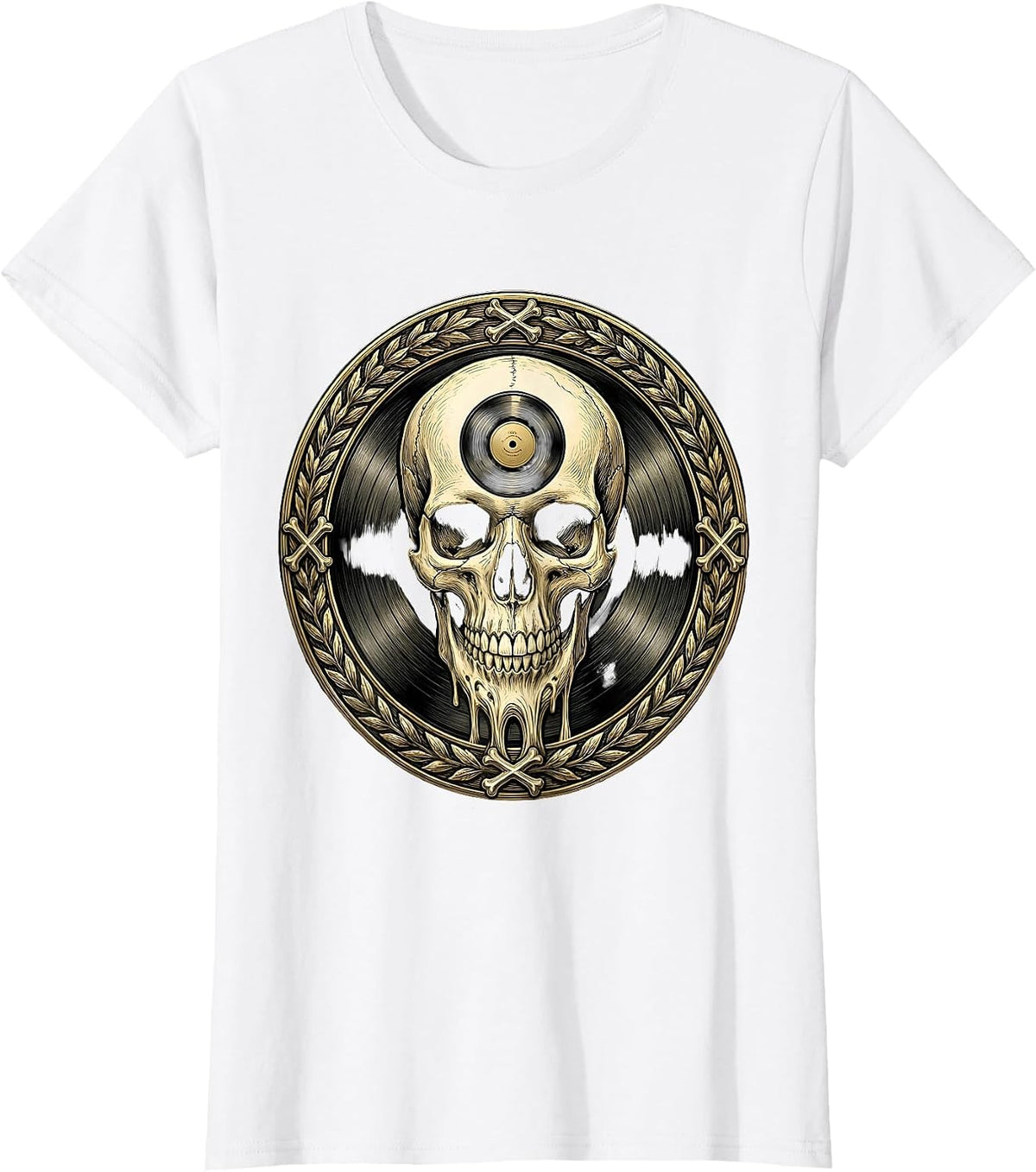 Skull Melting Into Vinyl Record Rock Art T-Shirt - White