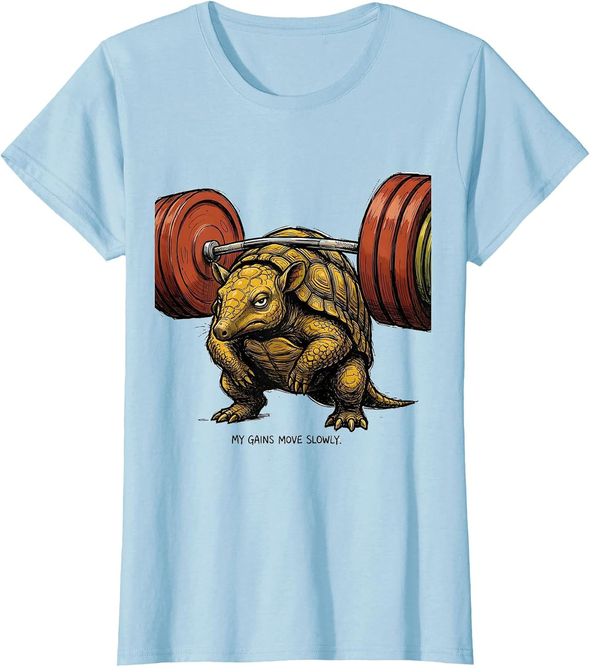 Women's My Gains Move Slowly Funny Gym Weightlifting Workout Animal T-Shirt - Baby Blue