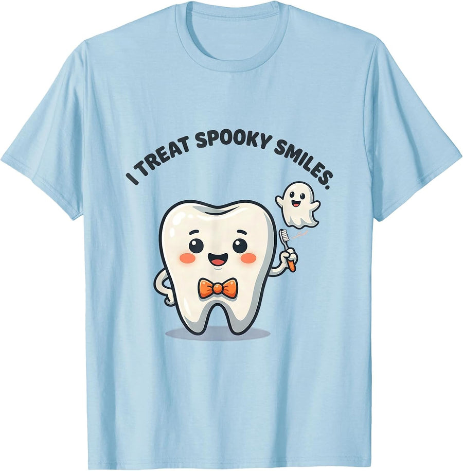Men's I Treat Spooky Smiles Cute Kawaii Halloween Dentist Dental T-Shirt - Baby Blue