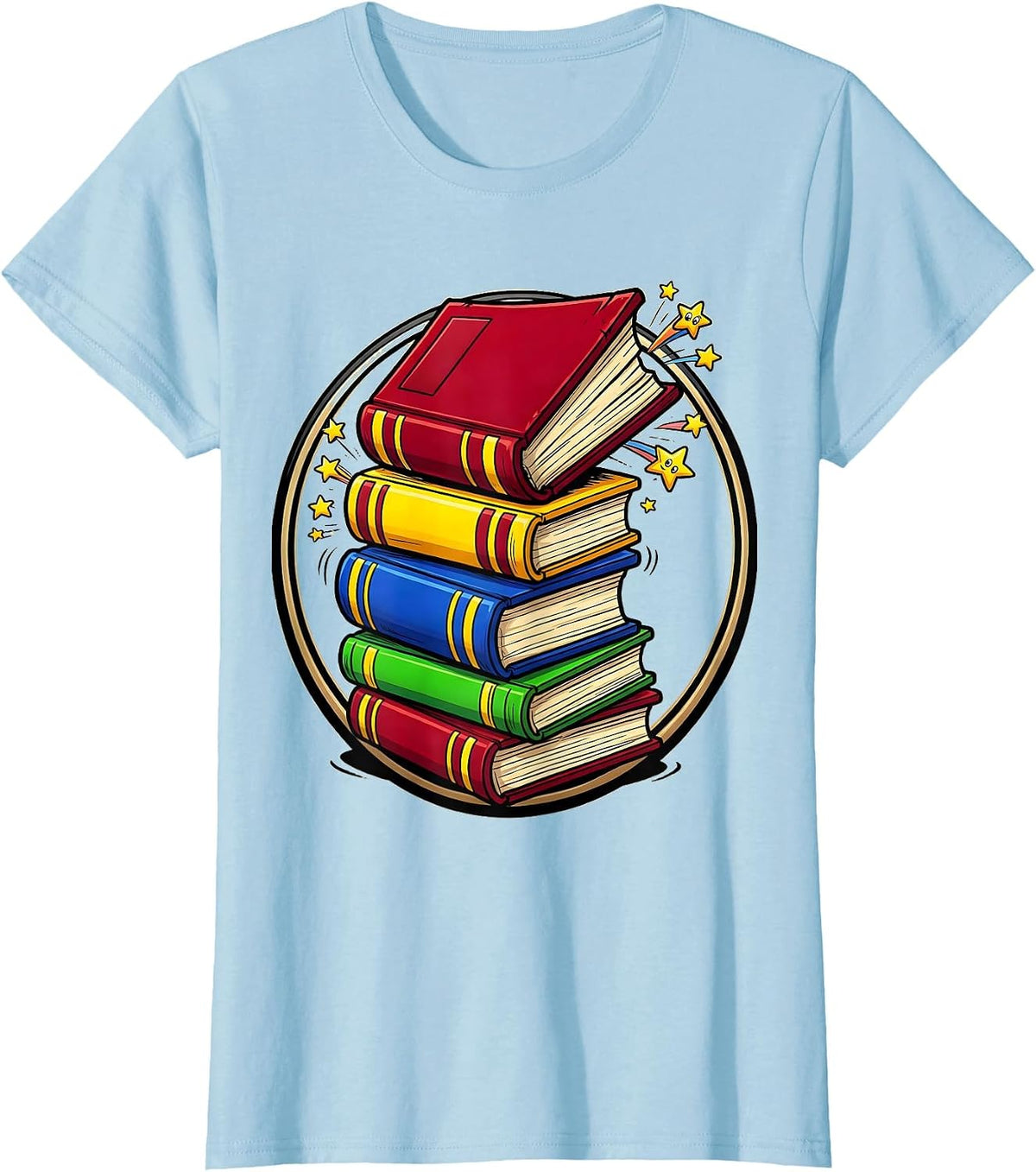 Preschool Teacher Stacked Colorful Books Graphic T-Shirt - Baby Blue
