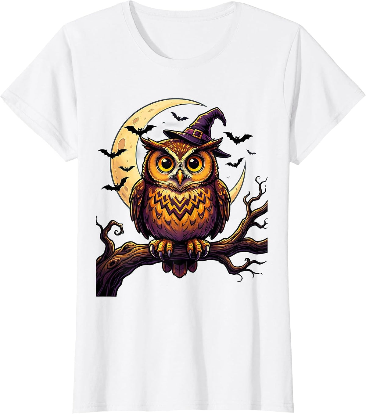 Witch Hat Owl at Dusk Halloween Design T-Shirt - White