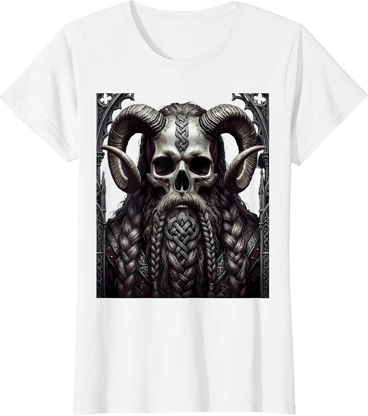 Viking Skull Bearded Horned Metal Graphic Design T-Shirt - White