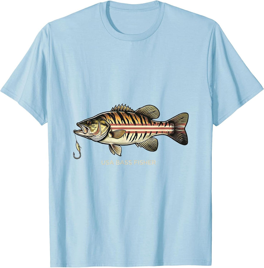 Men's USA Bass Fisher Patriotic Camo Fishing Humor Gift T-Shirt - Baby Blue