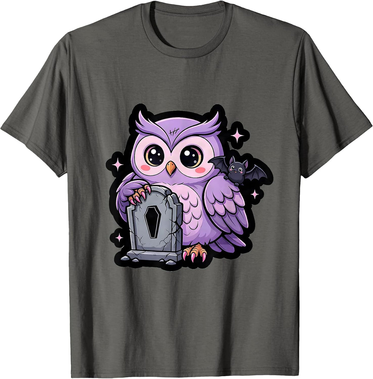Gothic Owl on Crumbling Tombstone Illustration T-Shirt - Asphalt Grey