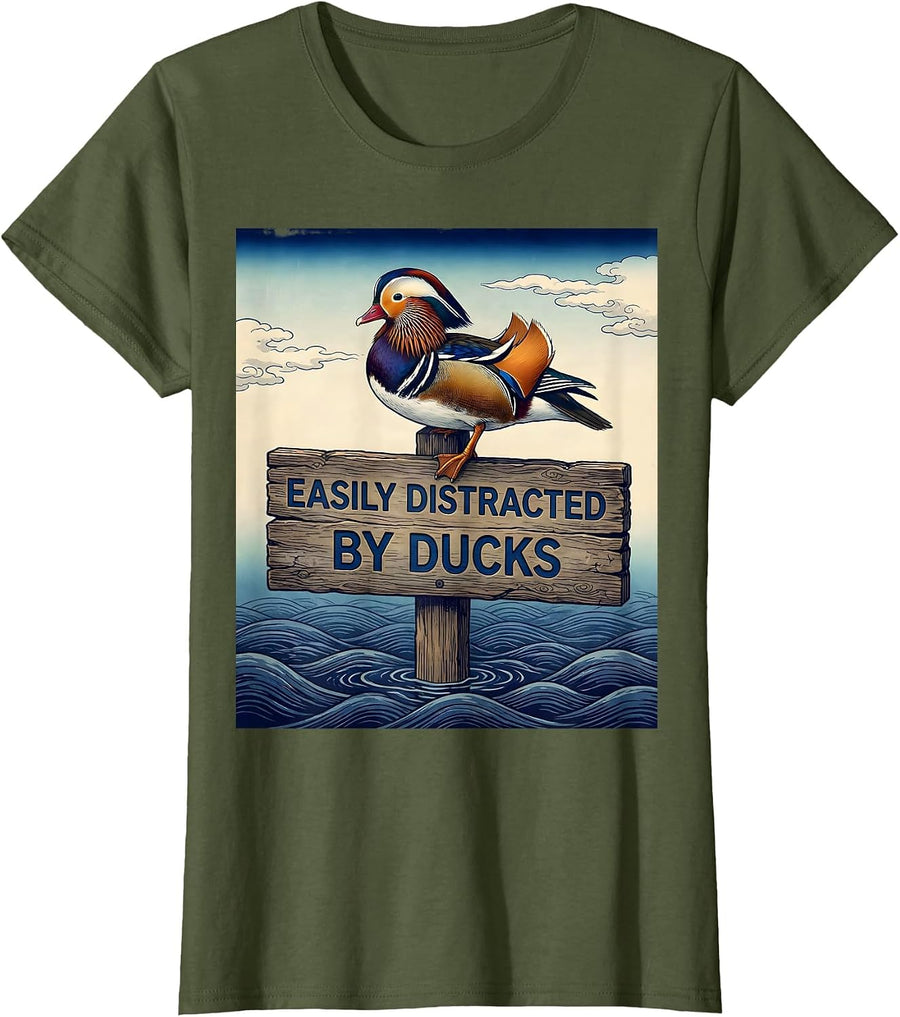 Women's Easily Distracted By Ducks Funny Duck Lover Design T-Shirt - Olive Green