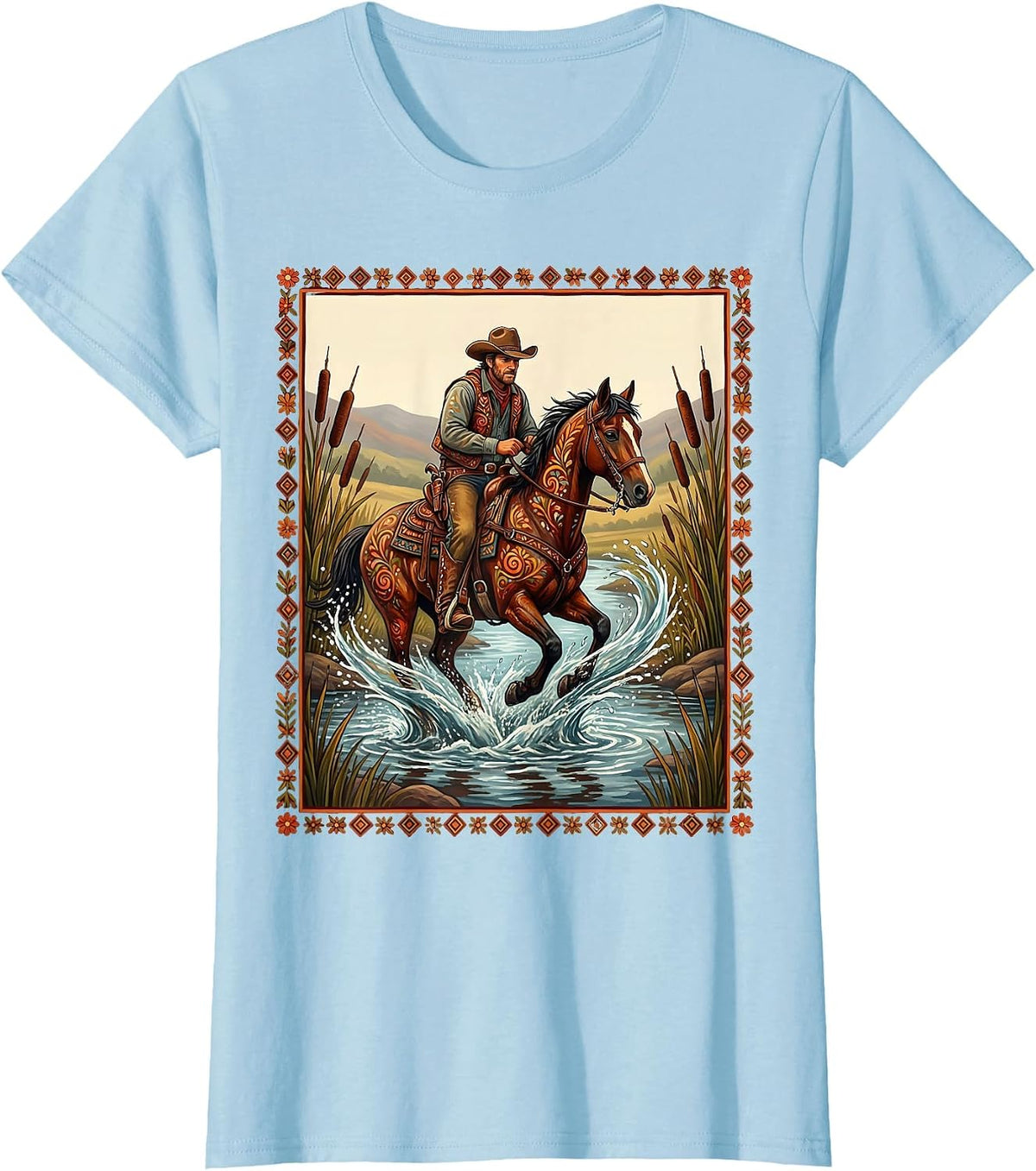Cowboy River Crossing Western Horseback Illustration T-Shirt - Baby Blue