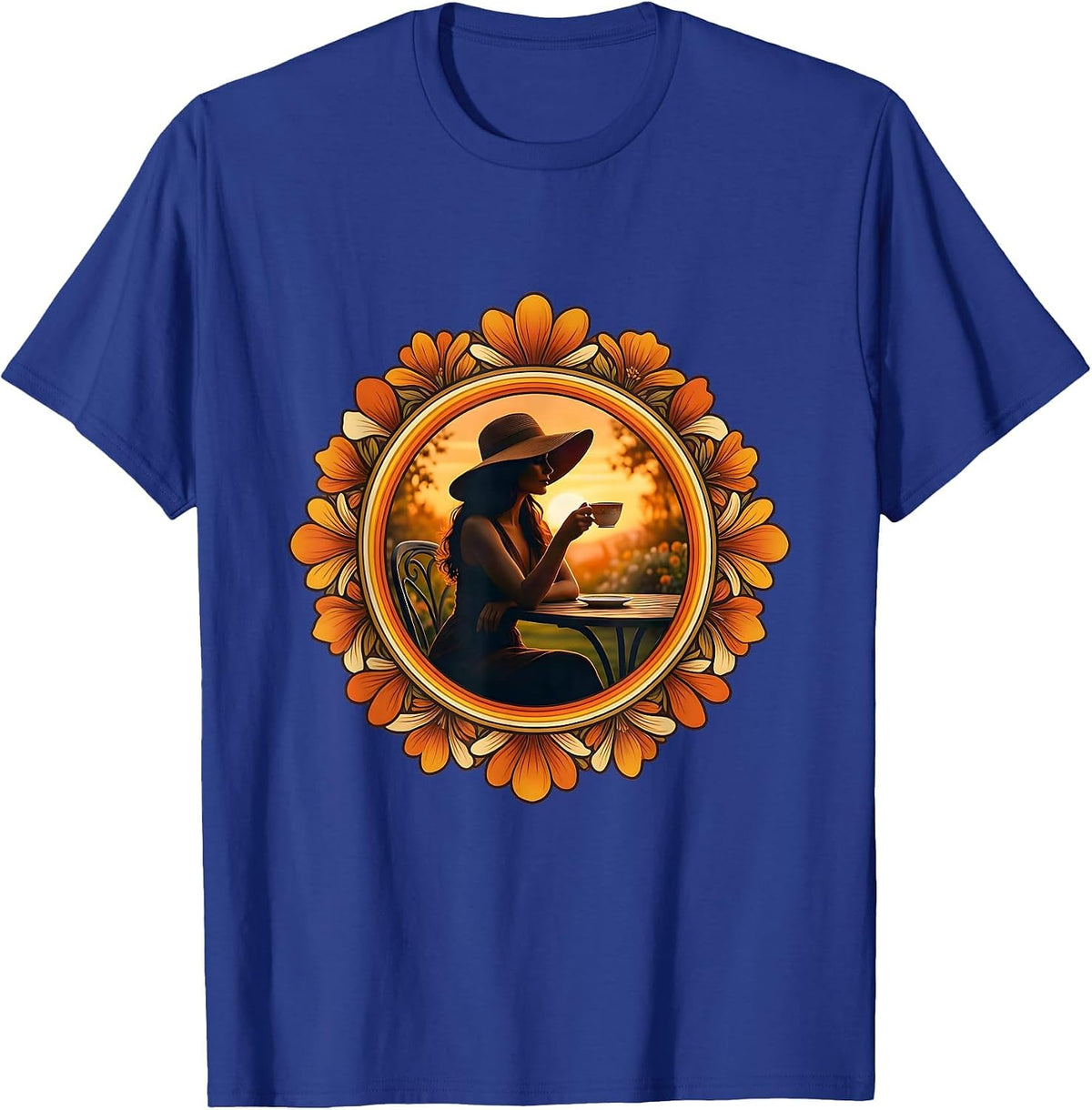 Elegant Tea Garden Illustration Gigi Design T-Shirt - Royal Blue