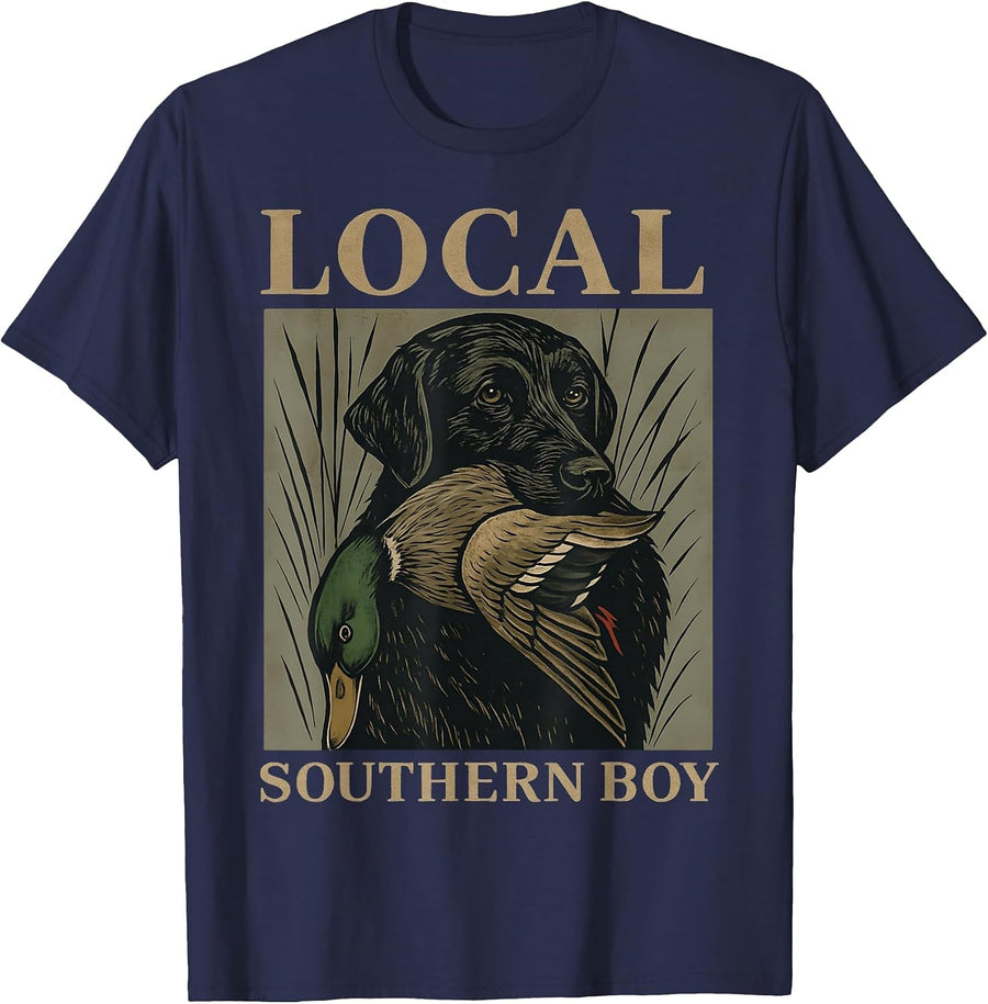 Local Southern Boy Duck Hunting Black Lab Dog Retro T-Shirt - Navy Blue