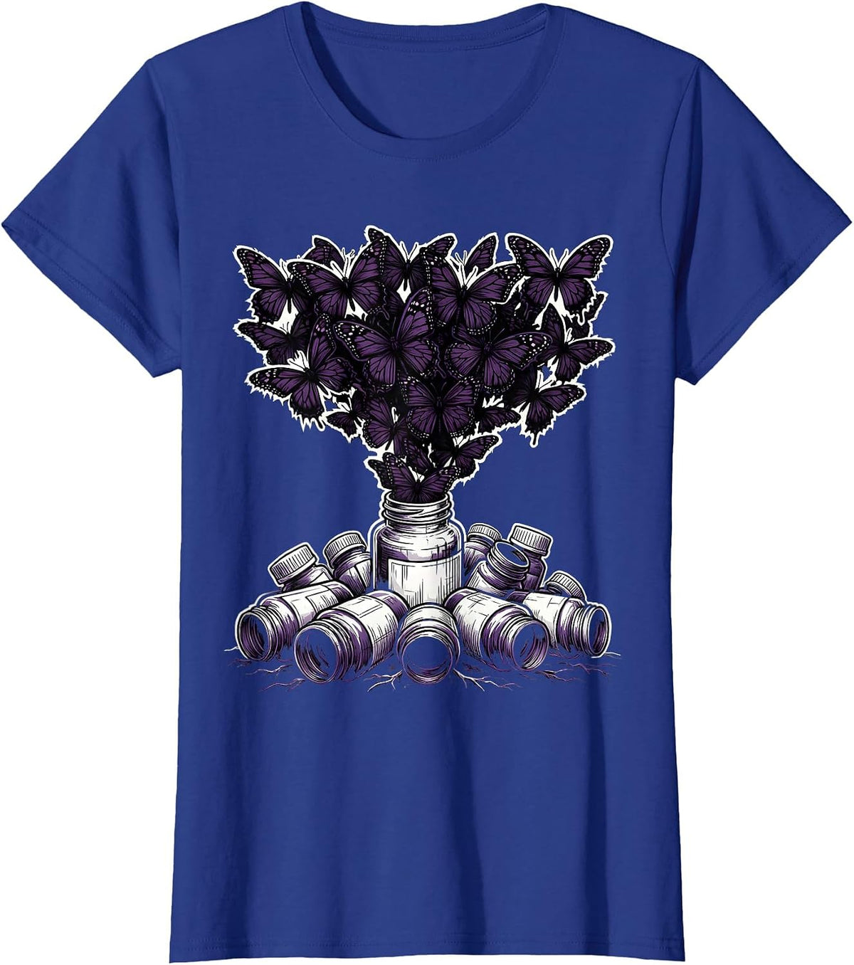 Women's Emo Pill Bottles Black Butterflies Graphic T-Shirt - Royal Blue