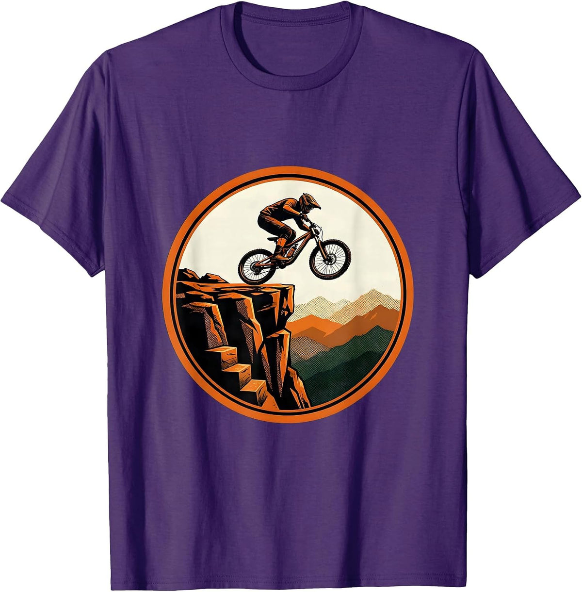Downhill Biker Rocky Cliff Launch Graphic T-Shirt - Purple