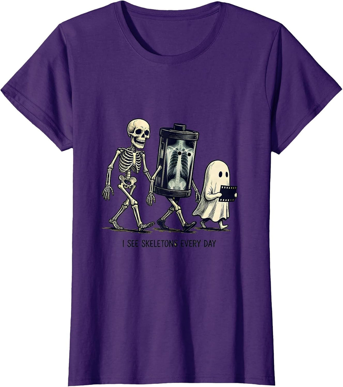 Women's I See Skeletons Every Day Funny Radiology Tech Halloween T-Shirt - Purple