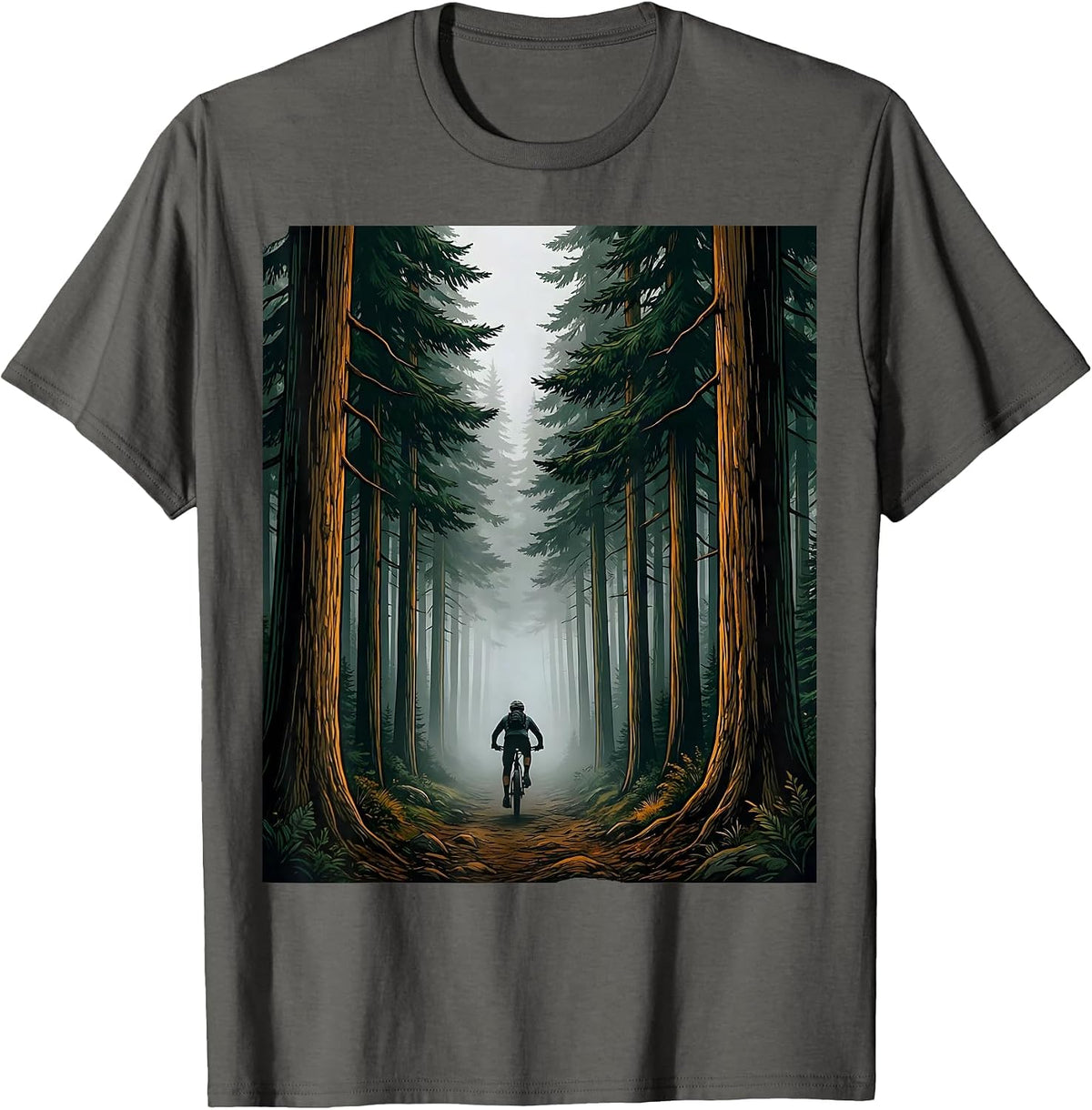 Mountain Biker Fading Into Misty Forest Graphic T-Shirt - Asphalt Grey