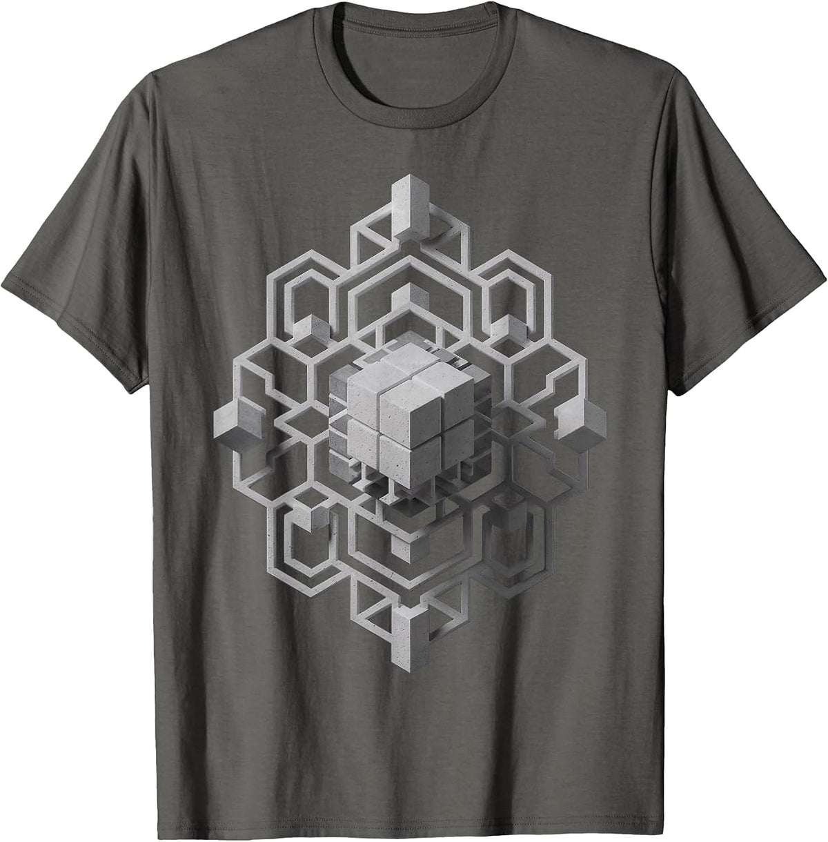 3D Geometric Pattern Cube Isometric Art Optical Illusion T-Shirt - Asphalt Grey