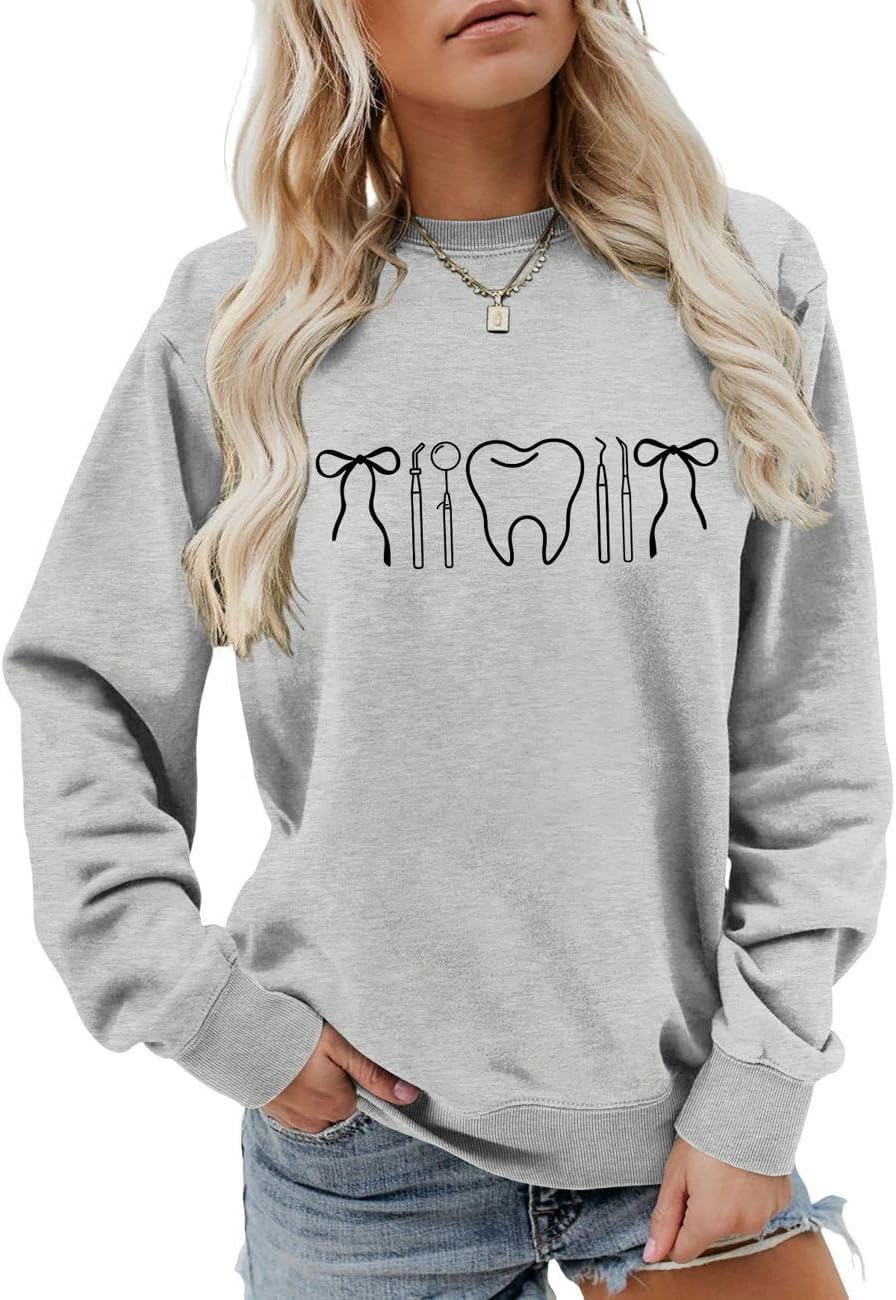 Dental Hygienist Sweatshirt, Dentist Assistant Sweater Womens Teeth Tools Bow Pattern Long Sleeve Pullover Top - Grey