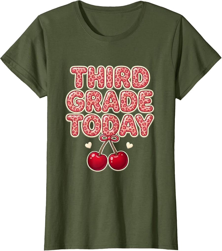 Women's Third Grade Today Pink Leopard Back To School Teacher Girl T-Shirt - Olive Green