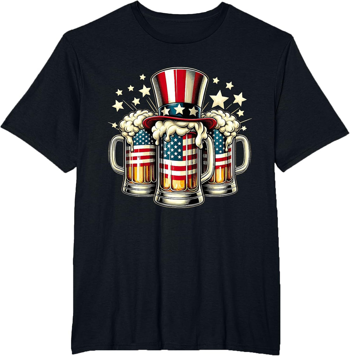 Beer American Flag USA 4th of July Party Drinking Men Women T-Shirt - Black