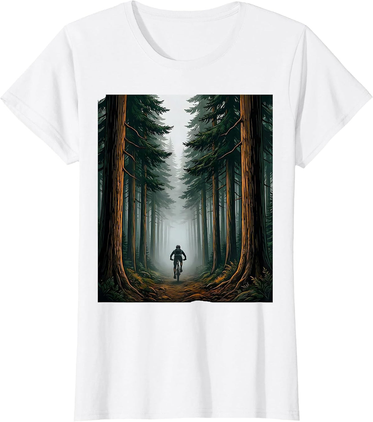Mountain Biker Fading Into Misty Forest Graphic T-Shirt - White