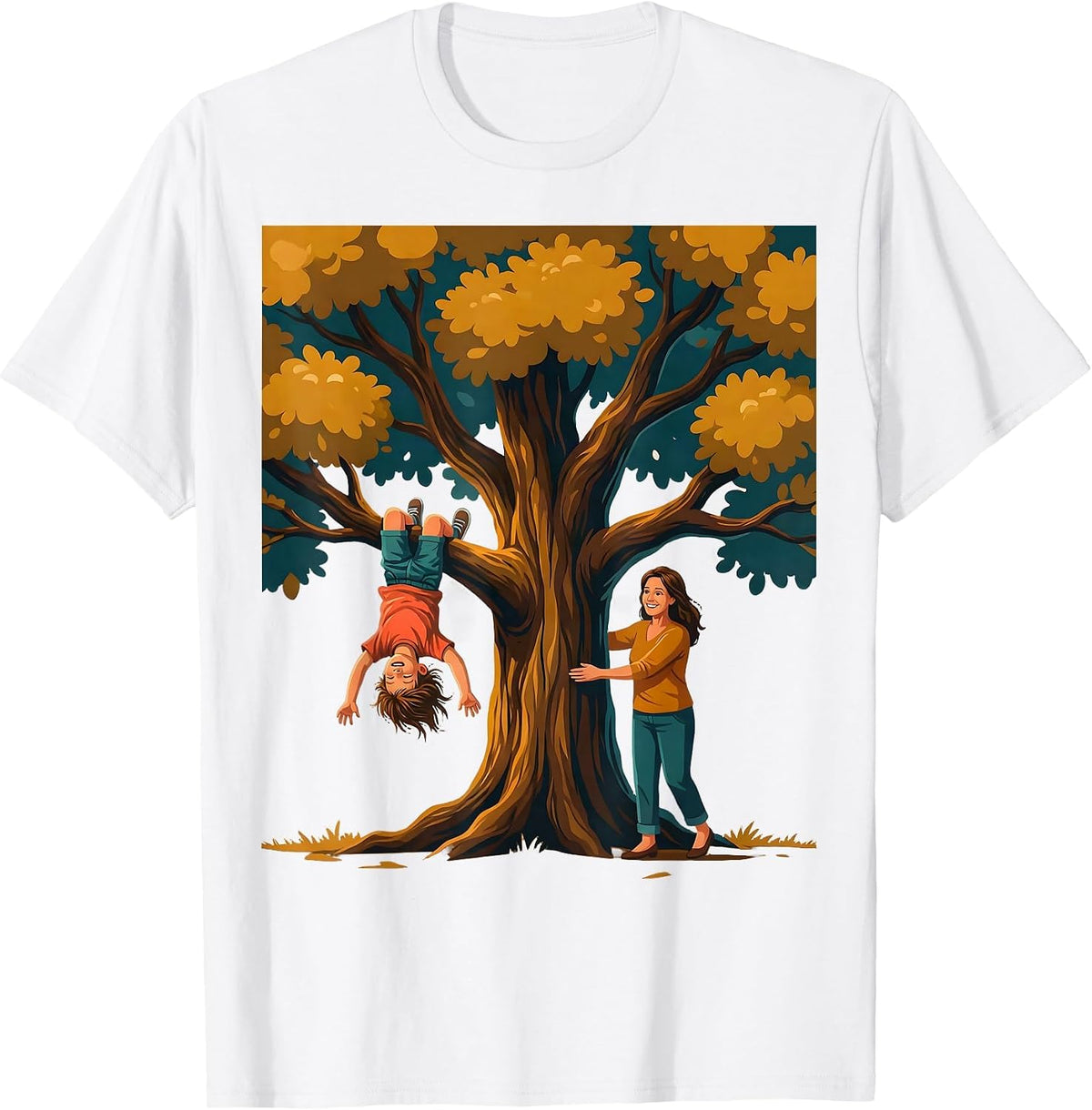 Men's Boy Mom Upside Down Tree Climbing Illustration T-Shirt - White