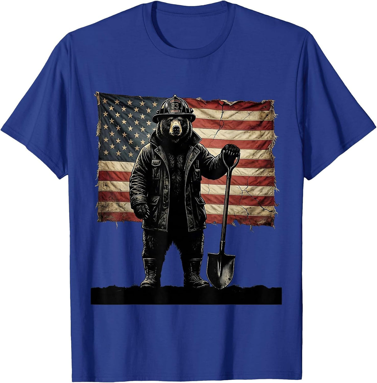 Bear Firefighter Graphic Tee with Shovel Illustration T-Shirt - Royal Blue