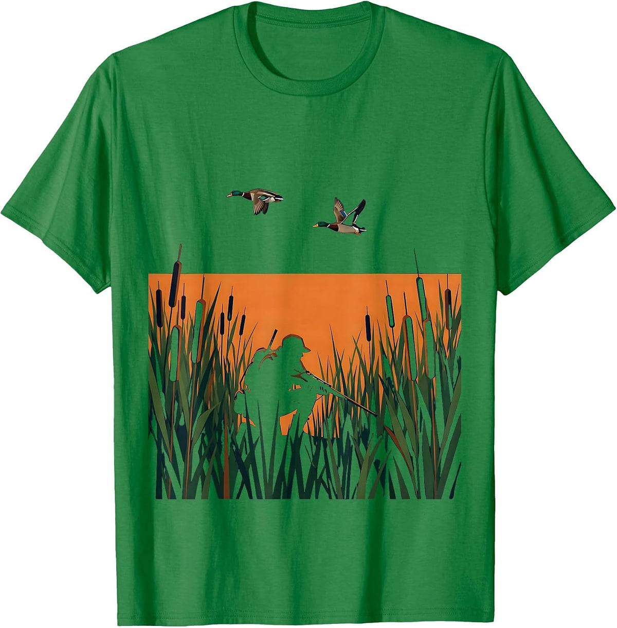 Men's Duck Hunter in the Reeds Hunting Illustration T-Shirt - Kelly Green