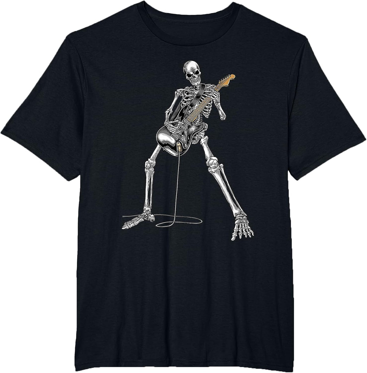 Halloween Skeleton Playing Guitar Rock and Roll Band Tees T-Shirt - Black