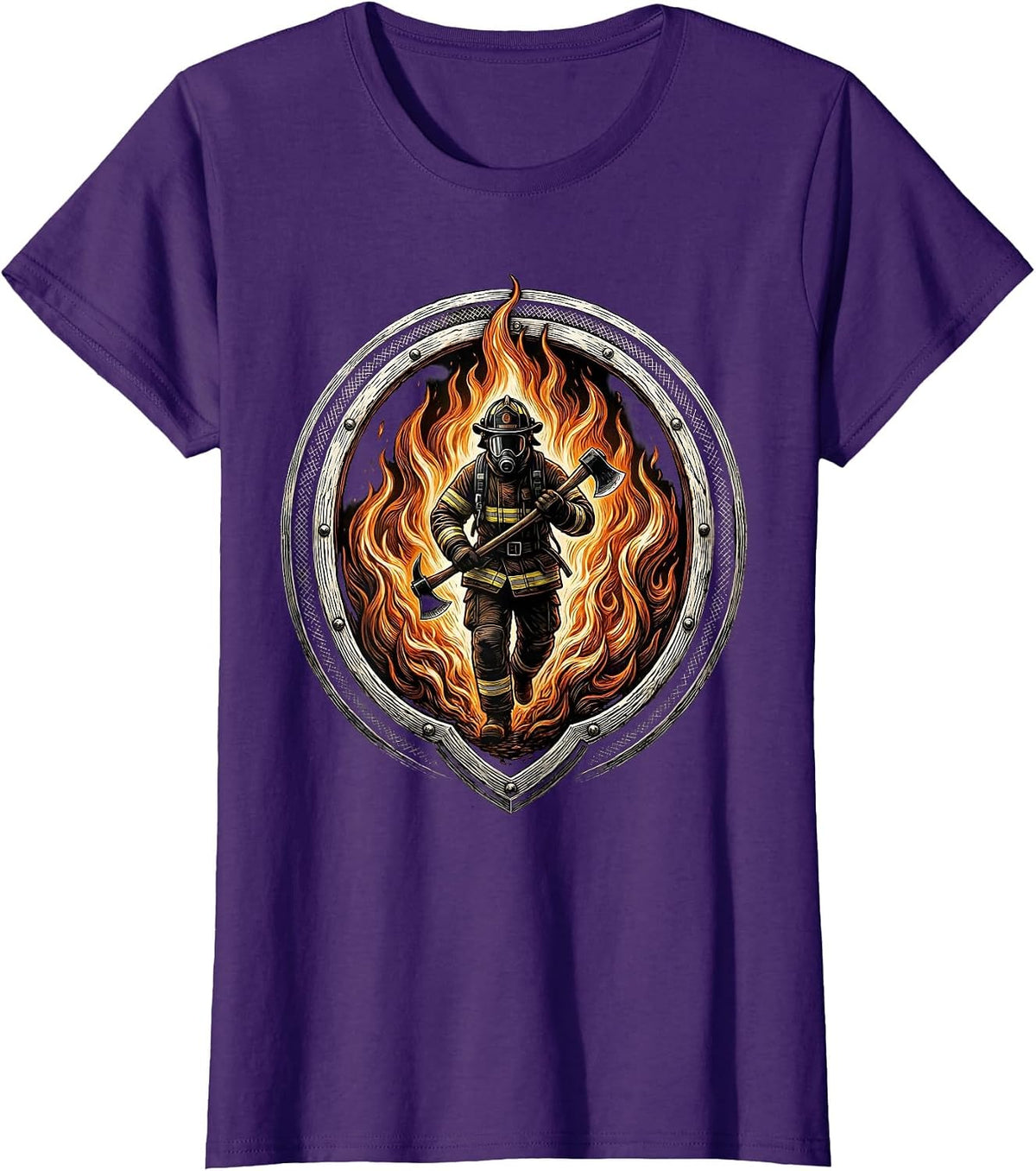 Women's Firefighter Silhouette Walking Through Flames T-Shirt - Purple