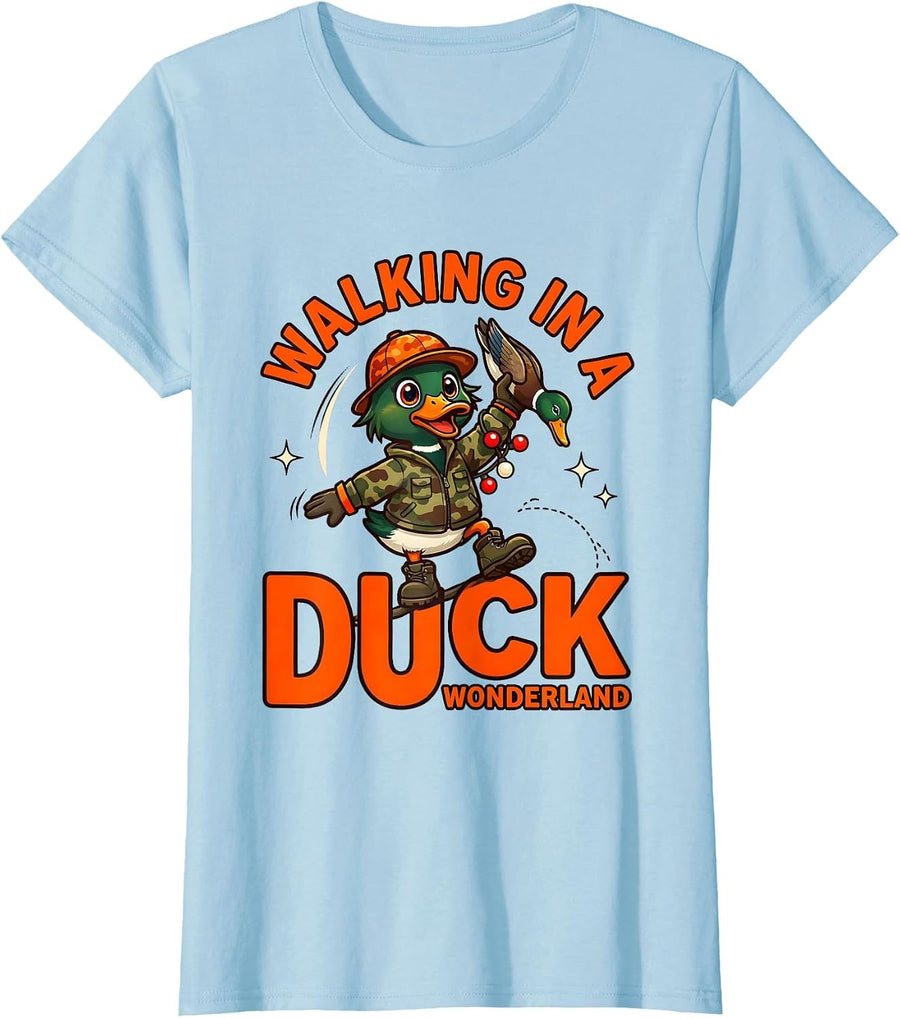 Women's WALKING IN A DUCK WONDERLAND Cartoon Duck Hunter Christmas T-Shirt - Baby Blue