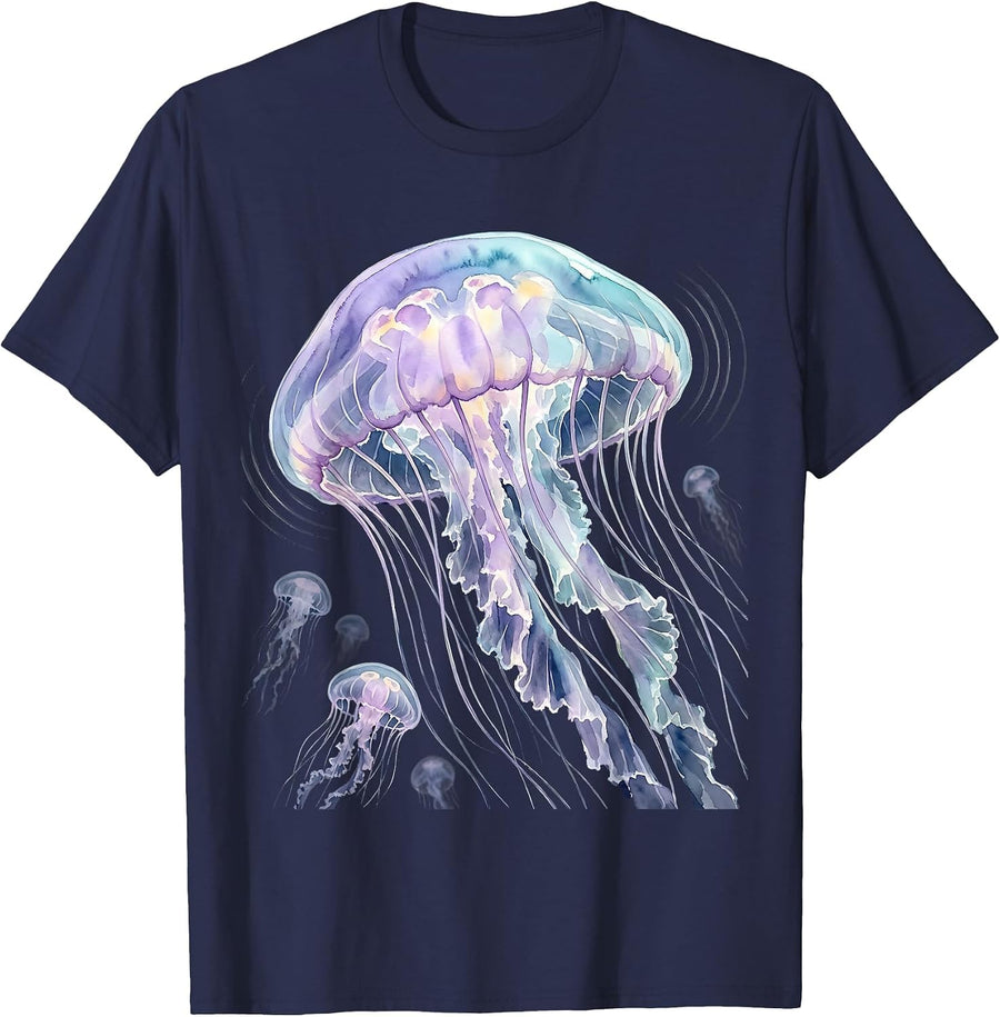 Jellyfish Deep Ocean Glow Illustration T-Shirt - Navy Blue