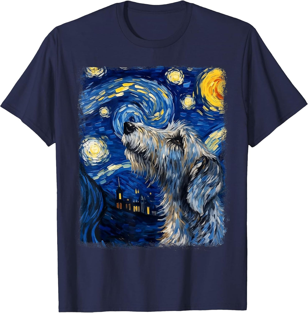 Irish Wolfhound Dog Starry Night Painting T-Shirt - Navy Blue