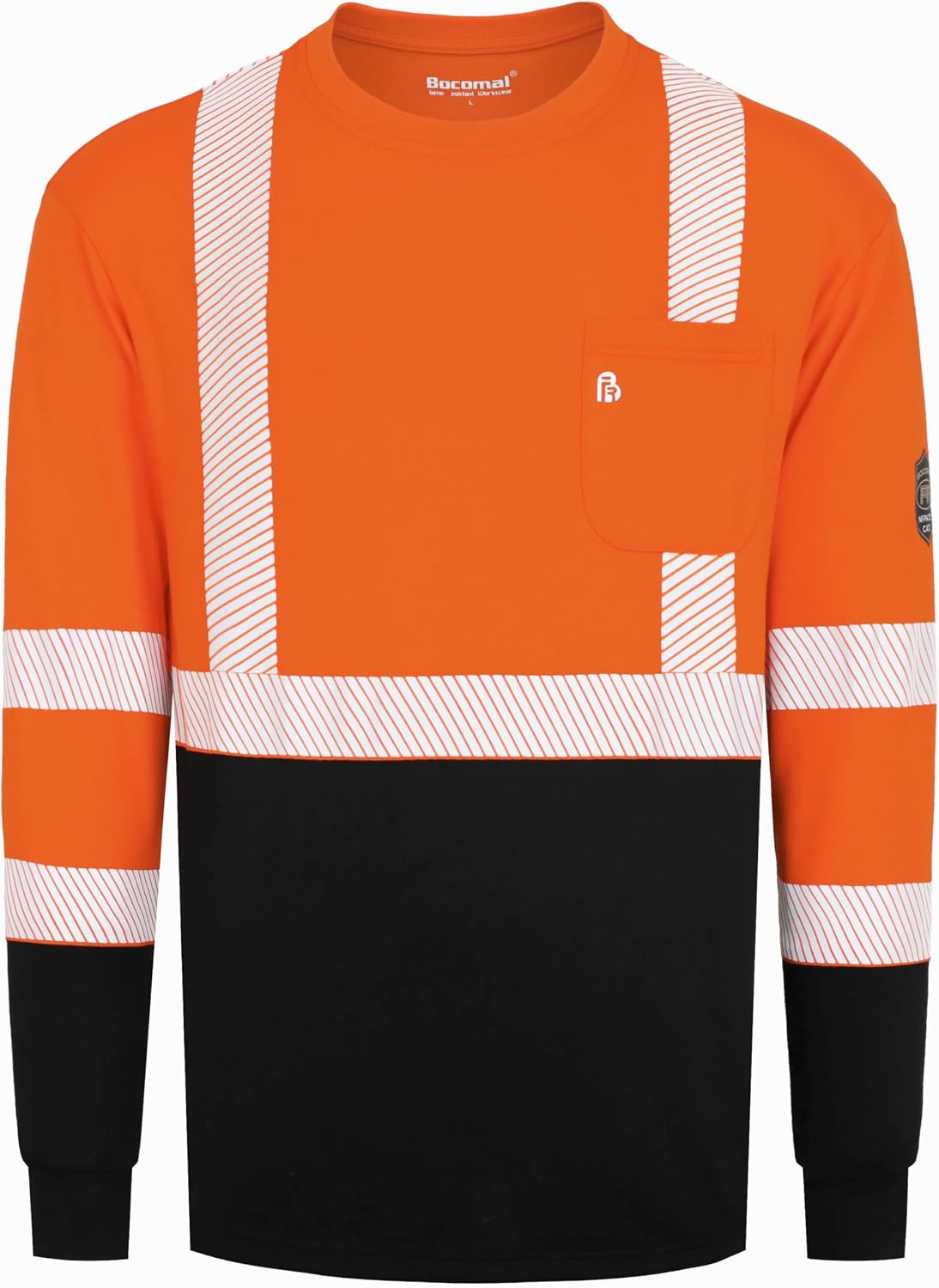 BOCOMAL Men's FR Shirts Hi-Vis Reflective Flame Resistant Safety Crew Tee - Orange\/Black Tee\/Hi Vis