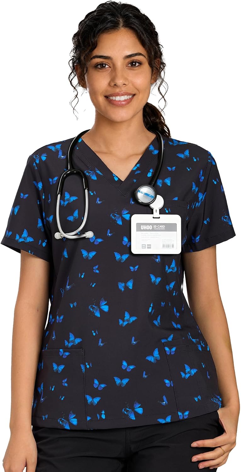 Women's Medical Uniform - V Neck Scrub Tops - Blue Butterfly