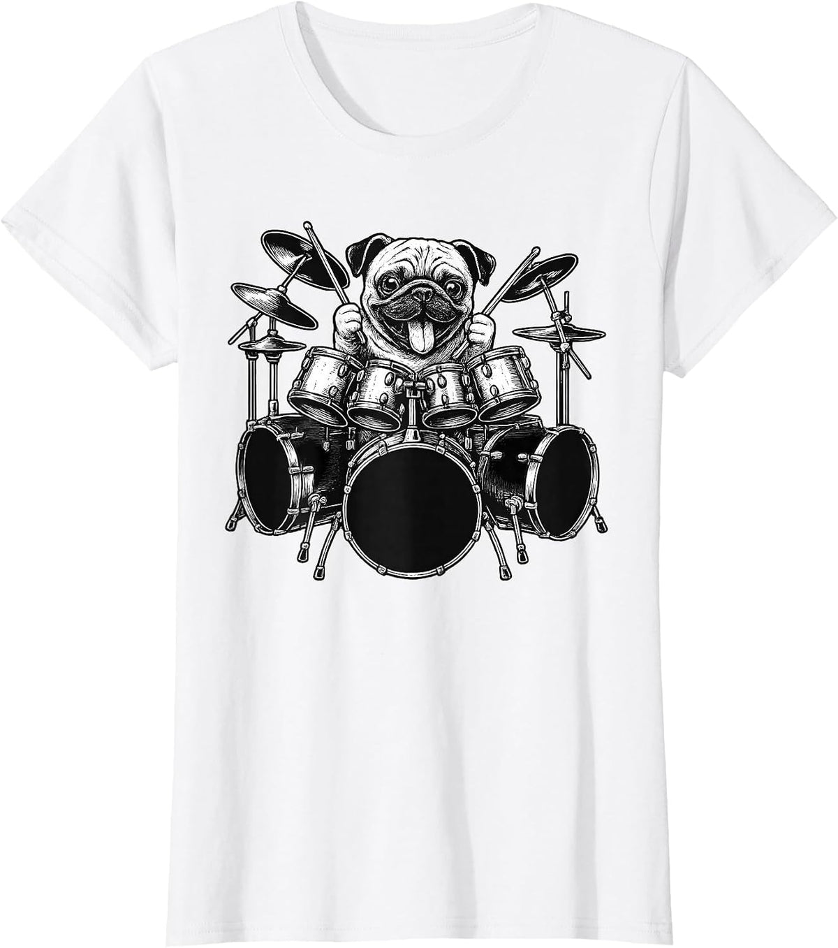 Pug Playing Drums Drummer Dog Lover T-Shirt - White