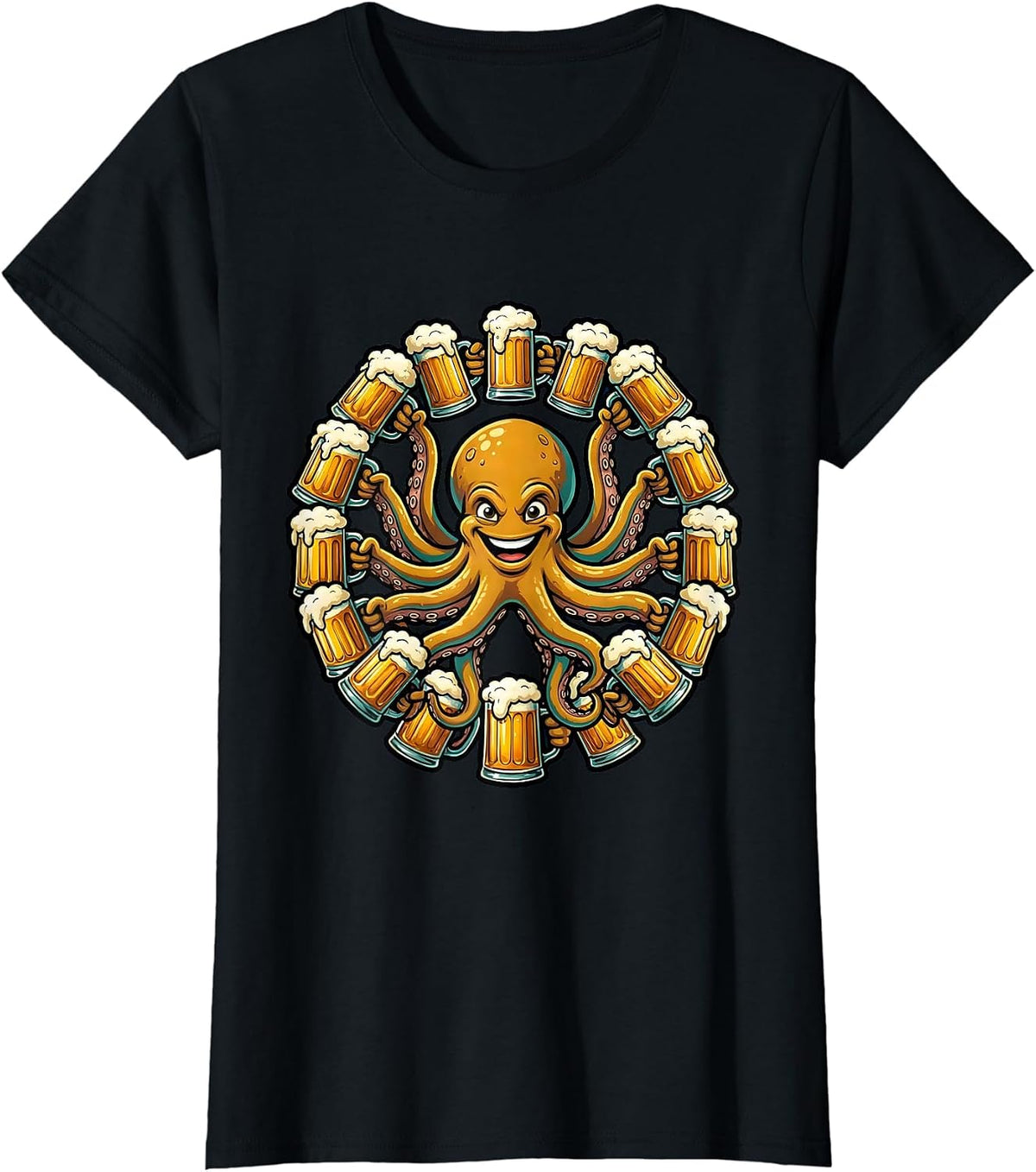 Octopus Beer Mug Holder Funny Drinking Design T-Shirt - Black